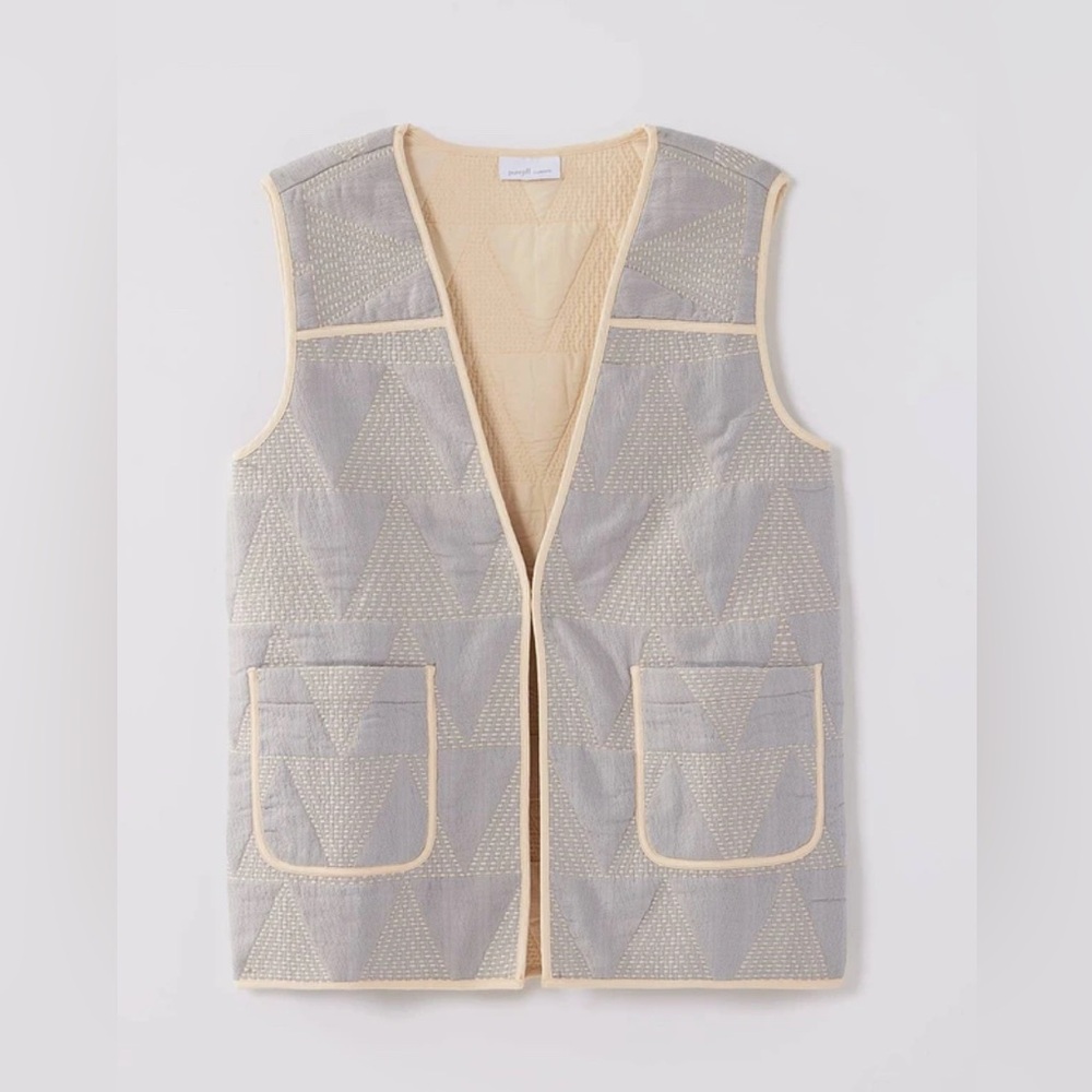 Pure Jill Grey Cream Embroidered Vest Dobby Cotton‎ Women’s Sz SP Cottagecore